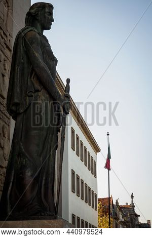 Statue At The Entrance To The Judicial Court Of The District Of Porto, Portugal