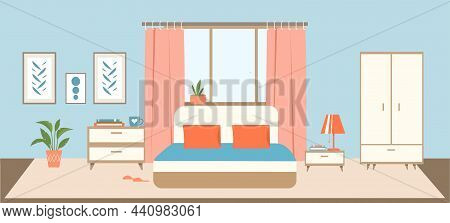 Cozy Bedroom Interior. Colorful Room With Bed, Bedside Tables, Wardrobe, Curtains And Paintings On W