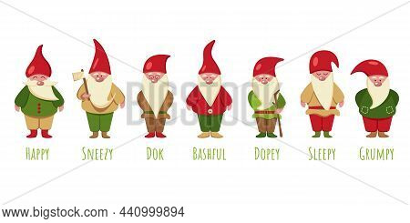 Seven Gnomes From A Fairy Tale On A White Background. Snow White And The Seven Gnomes. Collection Of