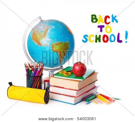 Stack of books, red apple, globe and pencils isolated on white background