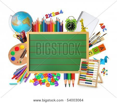  Green chalkboard with school supplies.