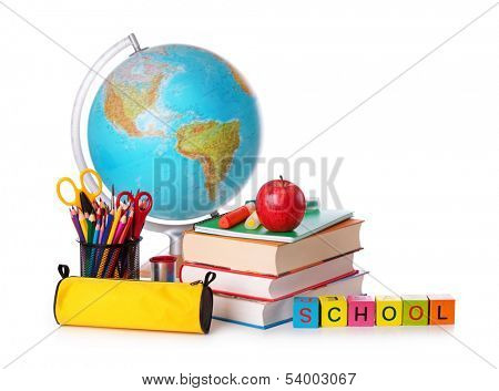 Stack of books, red apple, globe and pencils isolated on white background
