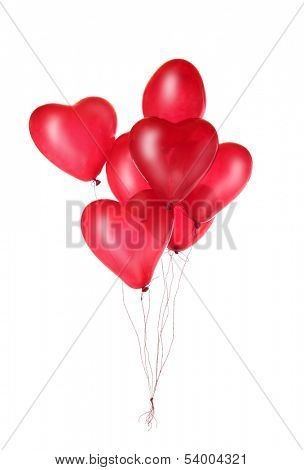 Group of red heart balloons isolated on white background