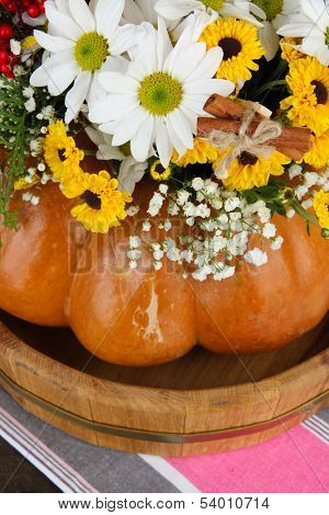 Beautiful autumn composition in pumpkin on fabric background