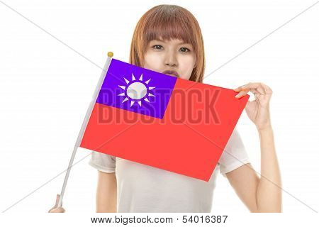 Chinese Female Holding Taiwan Flag
