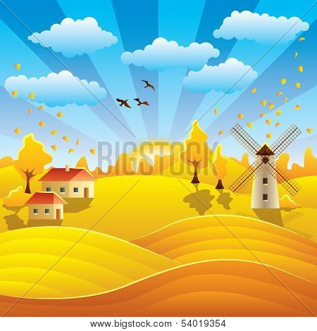 Autumn Rural Landscape With Houses And Fields