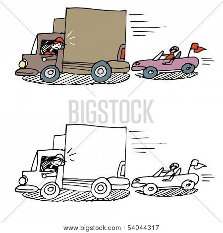 An image of a car tailgating a truck.