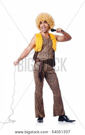 Man with afrocut and mic isolated on white