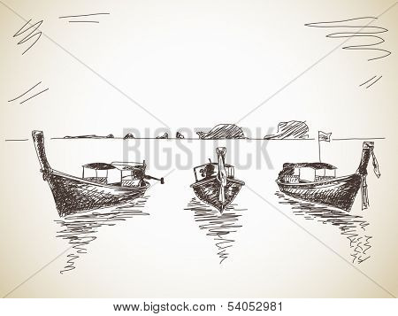Hand drawn long-tail boat