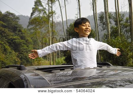 Happy Boy Travel In Car