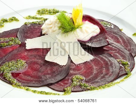 Vegetarian Beetroot Carpaccio W Goat Cheese And Pesto