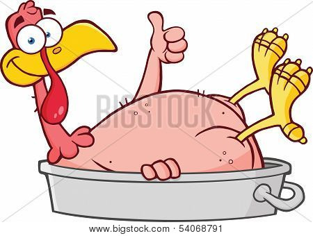 Smiling Turkey Bird Cartoon Character In The Pan Giving A Thumb Up