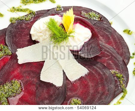 Vegetarian Beetroot Carpaccio W Goat Cheese And Pesto
