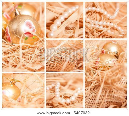 Christmas Collage Of Different Backgrounds With Strow In Gold
