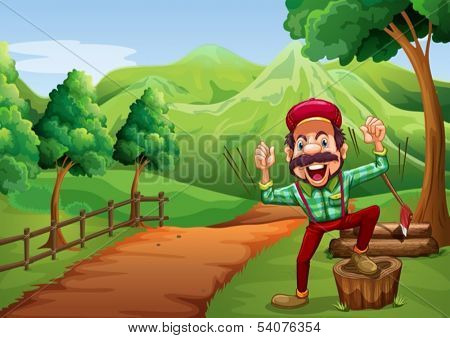 Illustration of a cheerful woodman near the pathway going to the hill