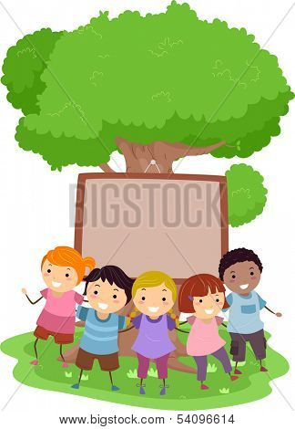 Illustration of Kids Huddled Together in Front of a Blank Board Nailed to a Tree
