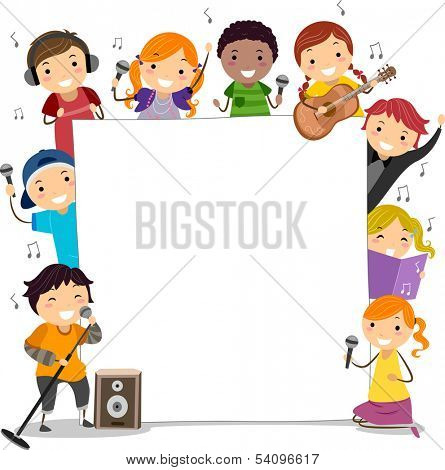 Illustration of Kids Holding Microphones Surrounding a Blank Board