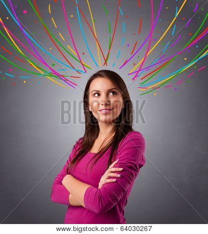 Pretty young girl thinking with colorful abstract lines overhead