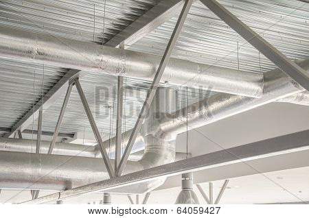 Industrial Steel Ventilation Pipes Inside Of Building.