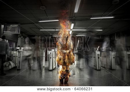 Only, girl on fire in a train station, over time, risk