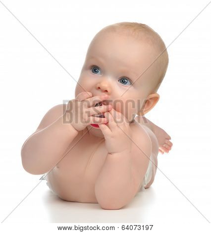Infant Child Girl Lying Happy Holding Baby Nipple Soother