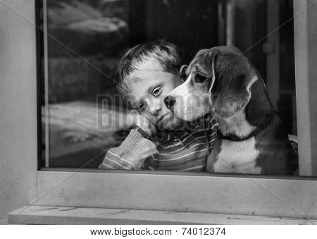 Alone sad little boy with dog near window