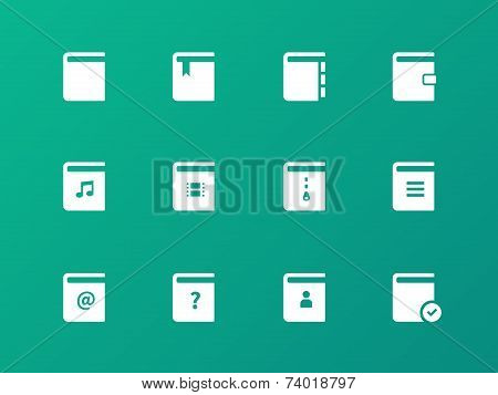 Book icons on green background.