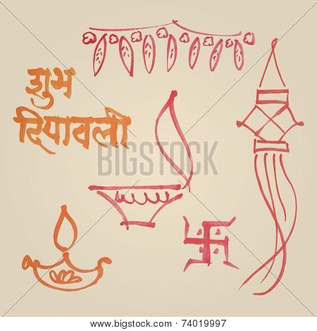 Sketches of various elements from Diwali festival - Vector illustration.