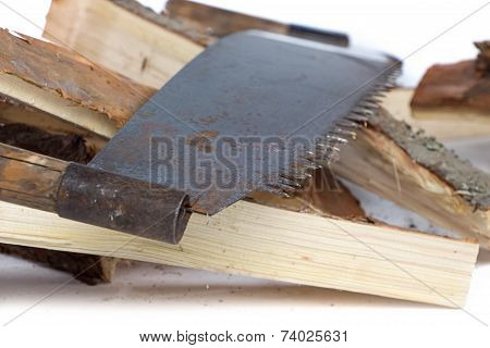 Image of handsaw and birch woods