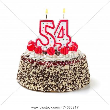 Birthday cake with burning candle number 54