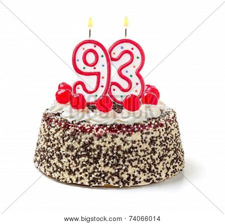 Birthday cake with burning candle number 93