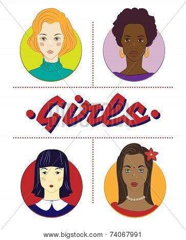 four portraits of girls of different races