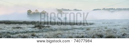 Panorama Landscape Of Foggy Autumn Fall Sunrise Over Frosty Fields With Forest Visible Through Fog I