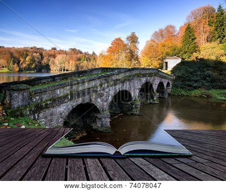 Bridge Over Main Lake In Stourhead Gardens During Autumn. Conceptual Book Image