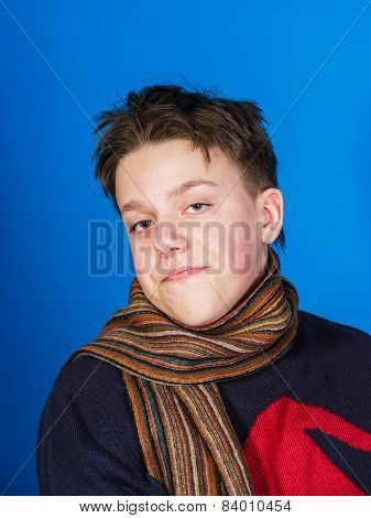 Caucasian Ill Boy Dressed With Neckscarf