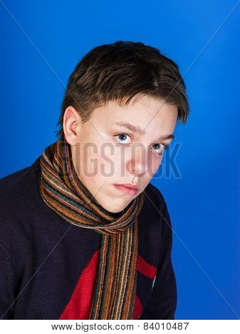 Caucasian Ill Boy Dressed With Neckscarf
