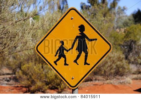 Yellow People Crossing Sign In Outback Australia