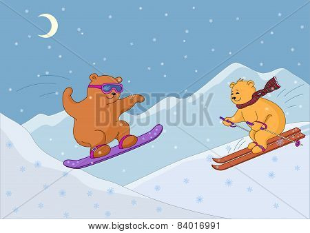 Teddy bears ski in mountains, night