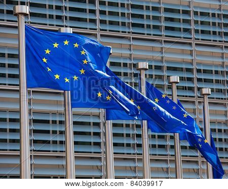 European Flags In Front Of The European Commission Building In Brussels