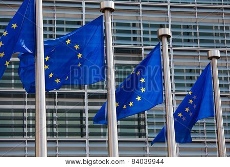 European Flags In Front Of The European Commission Building In Brussels