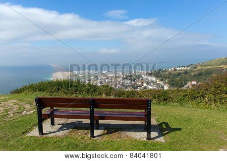 View over Weymouth Portland and Chesil beach Dorset England UK blue sky and cloud in the summer