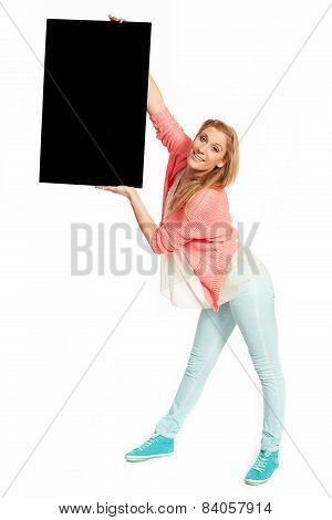 Young Woman With Black Advertising Sign