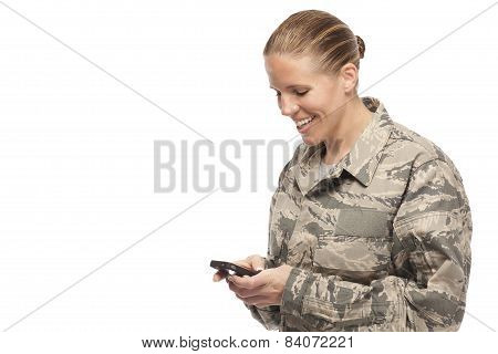 Happy Female Airman Text Messaging
