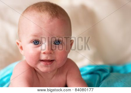 Close Up Portrait Young Blue Eyed Infant Boy Male Child