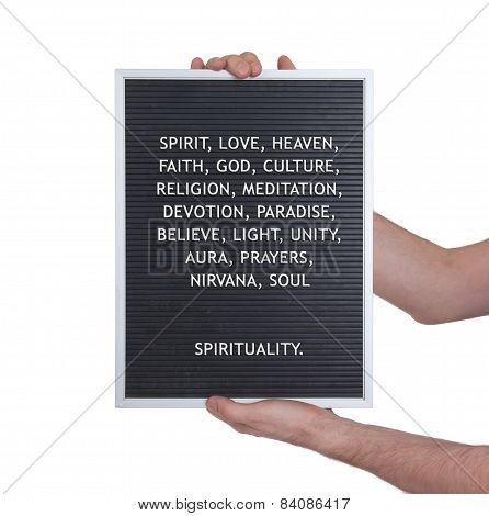Spirituality Concept In Plastic Letters On Very Old Menu Board