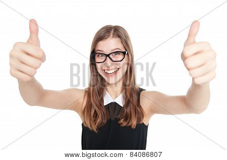 Happy Young Teenager Girl Showing Thumbs Up Isolated