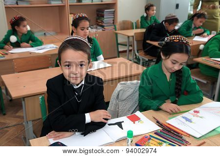 Ashgabad, Turkmenistan - November 4, 2014. Group Of Students In Lesson In The Classroom . November 4