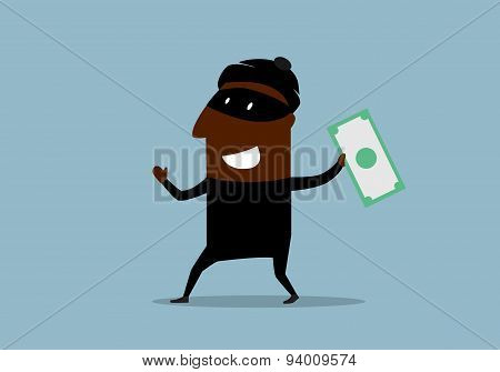 Happy thief with stolen dollar bill