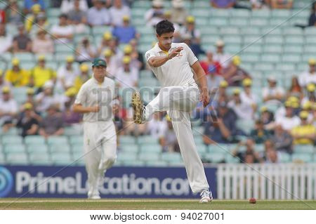 LONDON, ENGLAND - August 22 2013: Ryan Harris bowling during day two of the 5th Investec Ashes cricket match between England and Australia played at The Kia Oval Cricket Ground