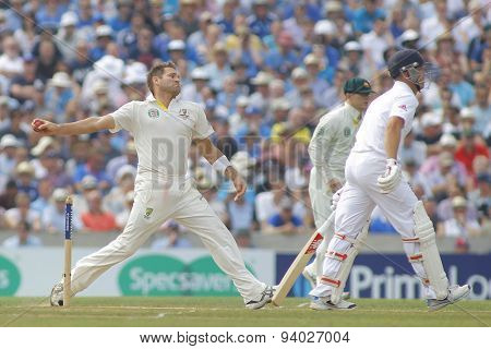 LONDON, ENGLAND - August 22 2013: Ryan Harris bowling during day two of the 5th Investec Ashes cricket match between England and Australia played at The Kia Oval Cricket Ground
